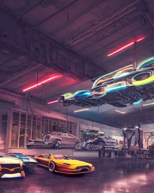 Image similar to exhibition of automobiles with some giant elements like velocimeters or wheels shaping the structures, neon lights, volumetric lighting, hyper realism, high detail, metallic surfaces, octane render, high contrast , 8k