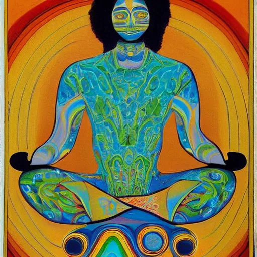 Image similar to A beautiful painting of a man with a large head, sitting in what appears to be a meditative pose. His eyes are closed and he has a serene look on his face. His body is made up of colorful geometric shapes and patterns that twist and turn in different directions. It's almost as if he's sitting in the middle of a kaleidoscope! goldenrod by Bruce Munro weary