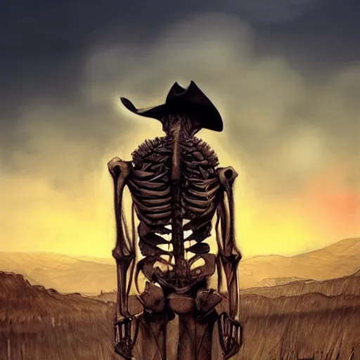 Image similar to a wounded skeleton cowboy watching a sunset, concept art, DeviantArt, art station, illustration, highly detailed, artwork, cinematic, hyper realistic