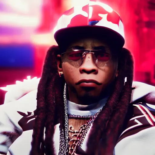 Prompt: a videogame still of Lil Wayne in Tekken 7, portrait, 40mm lens, shallow depth of field, close up, split lighting, cinematic