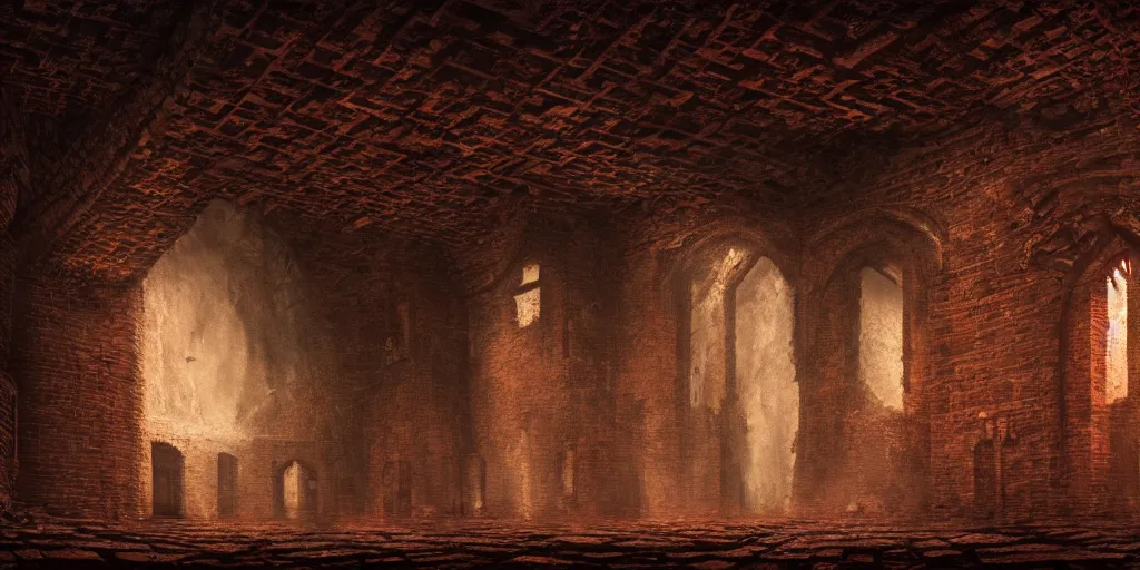 Prompt: a cosmic horror monstrosity inside of a medieval brick castle, matte oil painting, concept art, extremely detailed, disturbing, cinematic, award - winning, 4 k, 8 k