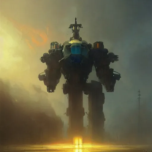 Image similar to a giant mech robot full detailed realistic atmosferic made by ivan aivazovsky, peter mohrbacher, greg rutkowski volumetric light effect broad light oil painting painting fantasy art style sci - fi art style realism premium prints available artwork unreal engine
