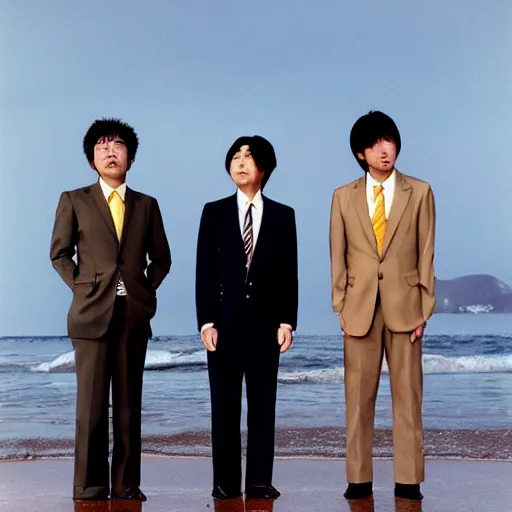 Image similar to three japanese men wearing beige suits and black pants standing in the ocean, sunset, night, wide shot, ((yellow magic orchestra)), ((tatsuro yamashita)), album cover, 1981, grammy award winning