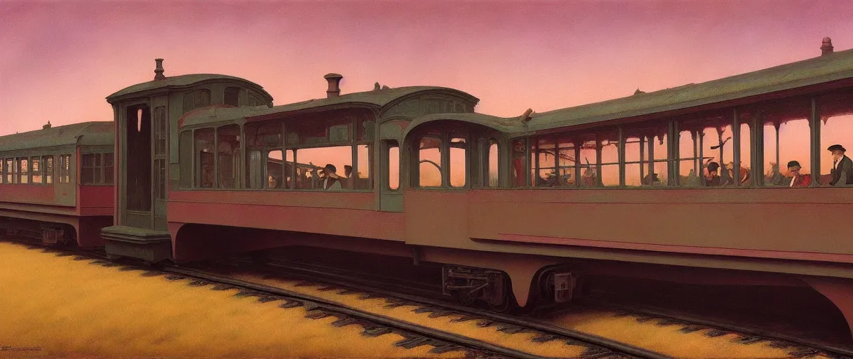 Image similar to A victorian train going nowhere, Edward Hopper and James Gilleard, Zdzislaw Beksinski, Mark Ryden, Wolfgang Lettl highly detailed