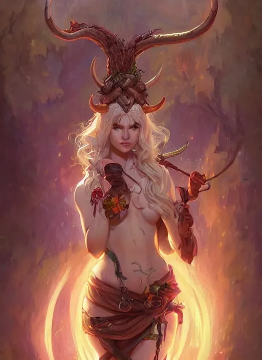 Image similar to cute Tiefling Druid with long horns, colorful leaves on light leather armor, holding tree staff, ,demon tail light-brown skin, highly detailed, digital painting, artstation, concept art, sharp focus, illustration, art by artgerm and greg rutkowski and alphonse mucha