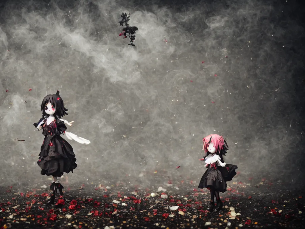 Image similar to cute fumo plush of a gothic maiden girl tossing lots of decayed roses into the air, stale twilight, dust particles in sunbeams, swirling vortices of emissive smoke and volumetric fog over the river, bokeh, 5 0 mm, vignette, vray