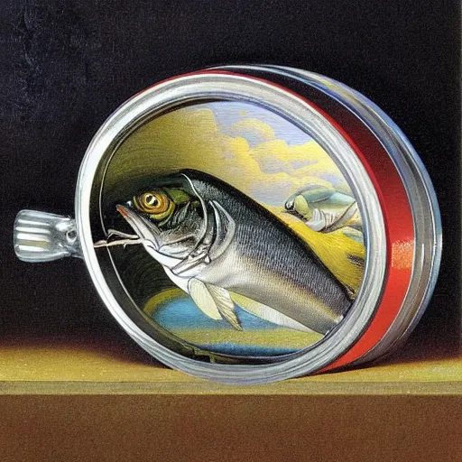 Prompt: sardine in a can, extremely detailed masterpiece, illustration, colorful, by michael sowa and craig brunmfield,