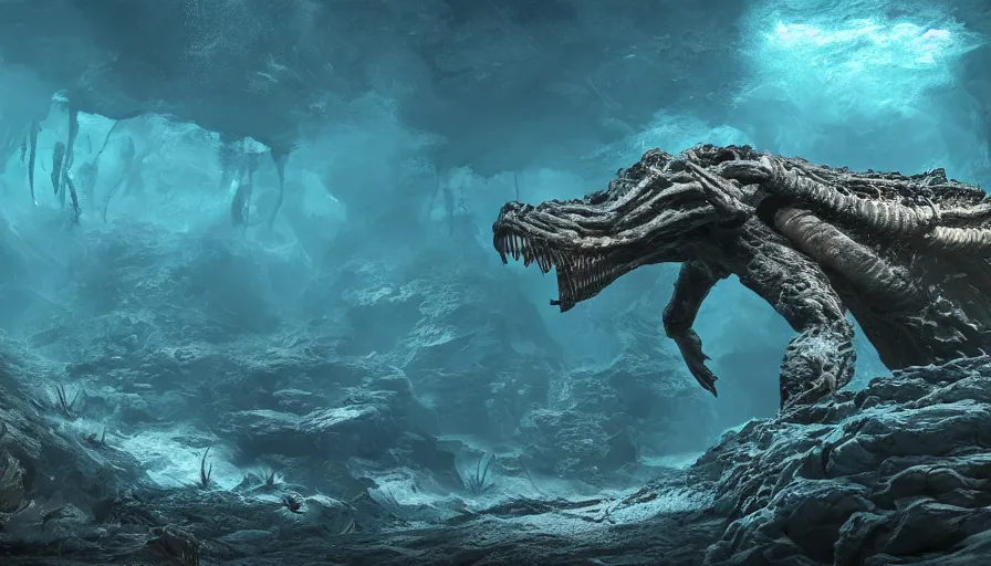 Image similar to an ancient underwater cryptid, hyper detailed, digital art, led lighting, studio quality, smooth render, unreal engine 5, octane render, trending on artstaion
