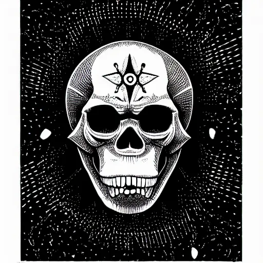 Image similar to a humanoid chimp skull hovering over a star pattern, 2 handguns are crossing in the middle of the picture ultra detailed, fine line pen drawing on parchment, symmetrical, stylish