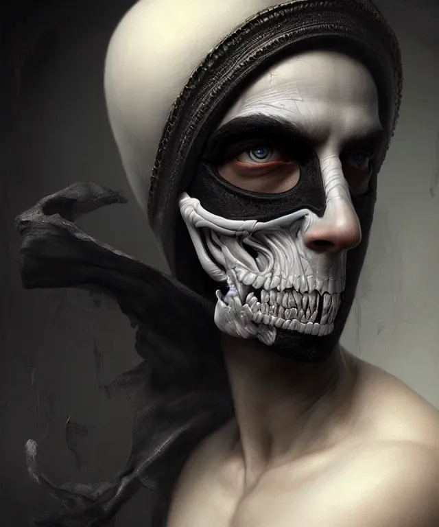 Prompt: white man with black fabric half mask, highly detailed face!!!, true anatomy!, extremely detailed!, digital painting, unreal engine 5, art by tom bagshaw
