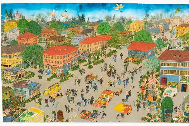 Prompt: an elaborate and dense painting of a peaceful neighborhood, detailed, made of alcohol ink on parchment and penned illustrations, by richard scarry and bosch