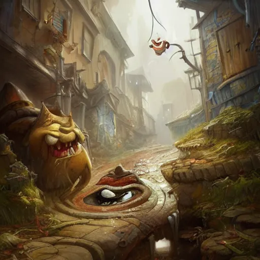 Image similar to anthropomorphic puddle with an angry sneer lurking in a damp alleyway , concept art, painting by Justin Gerard