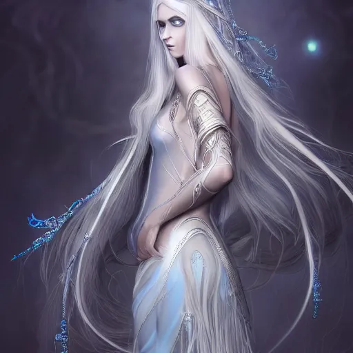 Image similar to an elven woman with long, silver hair cascading down her back. she has delicate, angular features and piercing blue eyes. she's clad in a flowing white dress with intricate silver embroidery, dynamic lighting, photorealistic fantasy concept art, trending on art station, stunning visuals, creative cinematic, ultra detailed