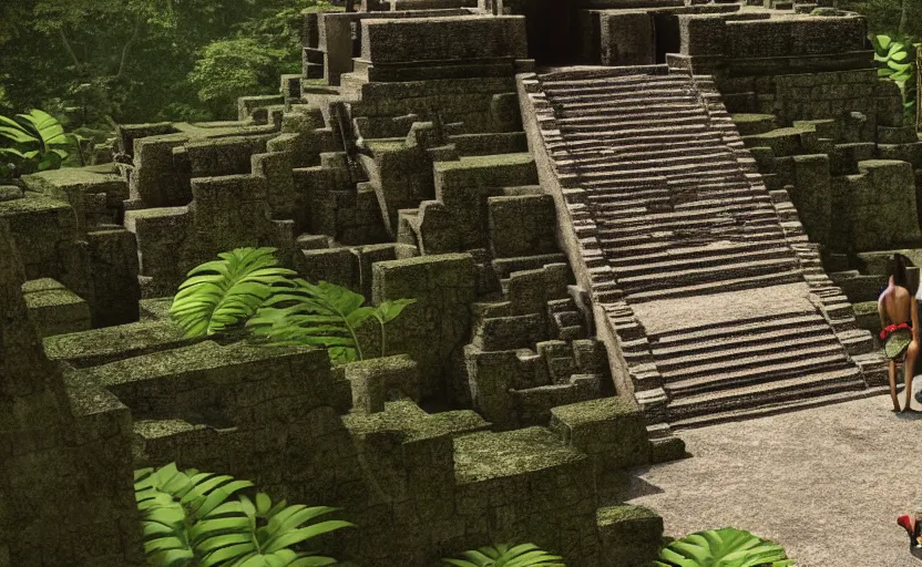 Prompt: Fashion Runway!, Catwalk!!, Platform in a Maya Temple in the Rainforest, Concept Art, Octane, Redshift, 4k