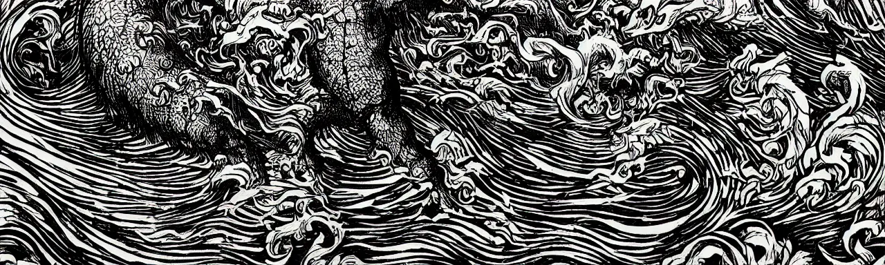 Prompt: Elaborate wallpaper print of Kaiju in the Waves in the style of Albrecht Durer and Martin Schongauer, high contrast finely carved woodcut black and white crisp edges