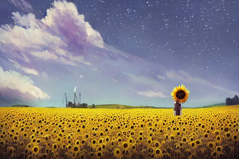 Image similar to giant sunflower as a head, girl walking in wheat field, hills, surreal photography, dark night, star trails, dramatic light, impressionist painting, clouds, digital painting, artstation, simon stalenhag