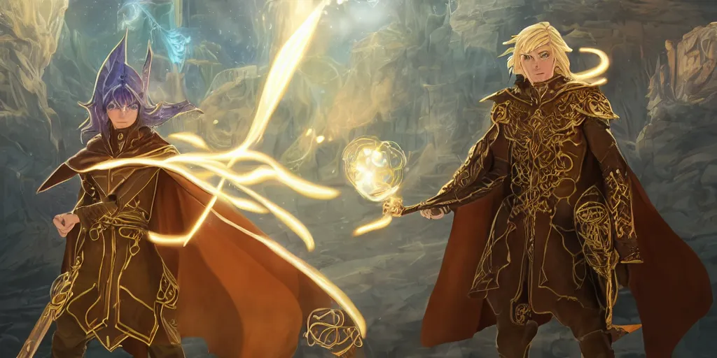 Prompt: a male elven sorcerer with honey blond medium long hair in a leather armor, wearing a cape, holding a glowing orb, dungeon background, magical, bright, colorful, fantastic lighting, amazing details, 4 k uhd, illustration by hayao miyazaki and makoto shinkai and ilya kuvshinov, artstation, pixiv,