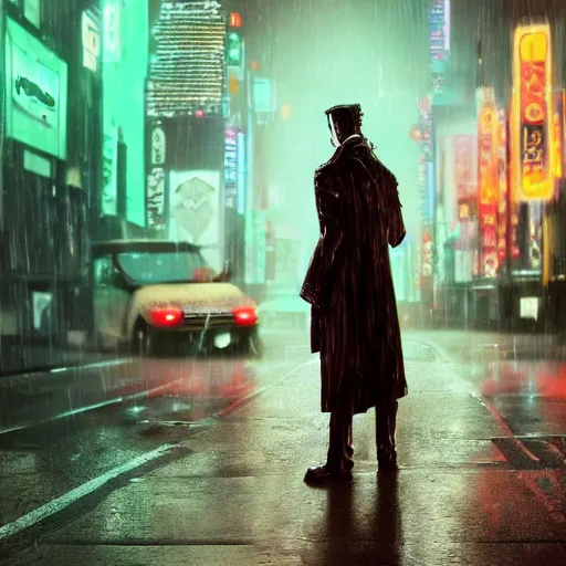 Image similar to frankenstein's monster wearing a trench coat on a wet nighttime street, cyberpunk, synthwave, trending on art station, trending on deviantart, 8 k resolution, epic digital art