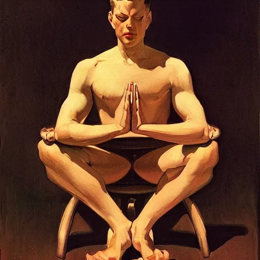 Image similar to man in meditating pose, NYC view, leyendecker style