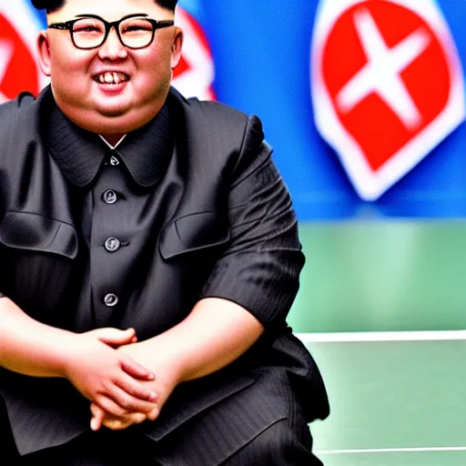 Prompt: Kim Jong Un playing ping pong and being really happy, photorealistic