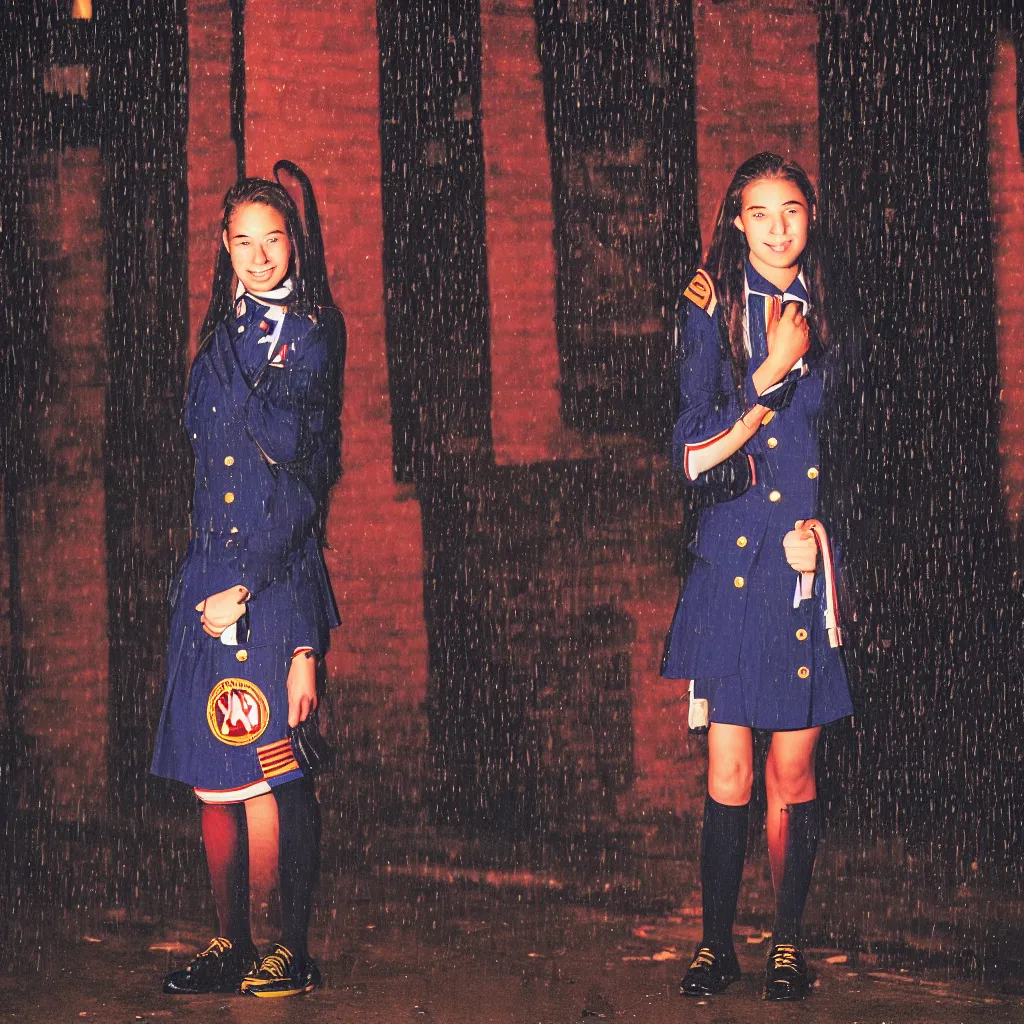 Image similar to night flash portrait photography of a high school girl in uniform on the lower east side by annie leibovitz, colorful, nighttime!, raining!