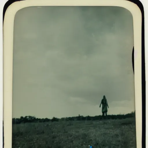 Prompt: an aged polaroid photo of a young woman seen from behind, a gigantic alien monster looms in the distance, detailed clouds, warm azure and red tones, film grain, color bleed