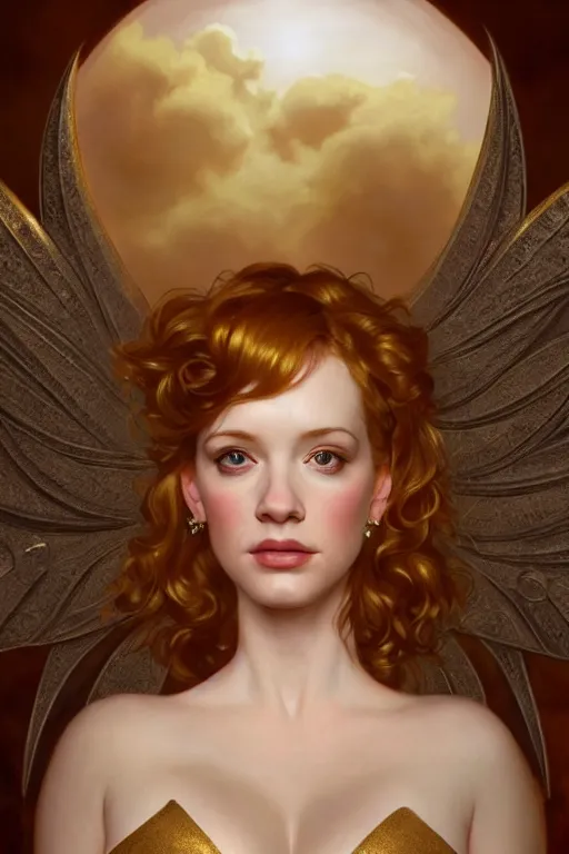 Image similar to symmetrical!! looking at the camera!!! a portrait of an angel young christina hendricks wearing a golden flowing dress, upper body, concept art, deep focus, sky, heaven, clouds, intricate, highly detailed, digital painting, artstation, matte, sharp focus, illustration, art by greg rutkowski and alphonse mucha