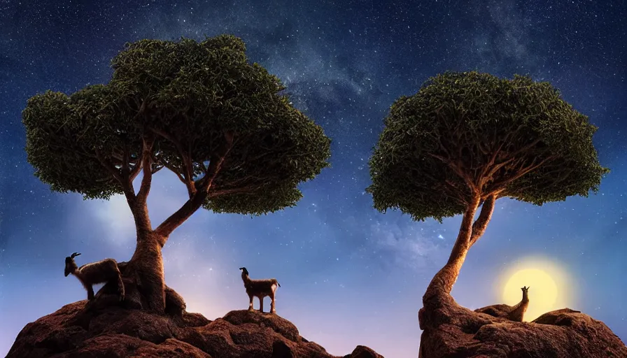 Image similar to very very small goat, sitting on a gigantic coconut tree in moonlit socotra island by ilya kuvshinov, starry night, rtx rendering, octane render 1 2 8 k, maya, extreme high intricate details by tom bagshaw, medium shot, close up shot, composition by sana takeda, lighting by greg rutkowski