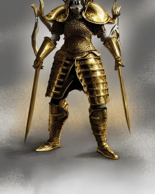 Prompt: render of A baroque gold knight, wearing a gold set of armor with a skull helmet, hyper realistic, unreal, craig mullins, alex boyd, lord of the rings, game of thrones, dark souls, skyrim, dragon age, artstation, cinematic shot, warhammer, dungeons and dragons