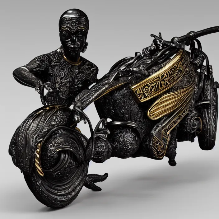 Image similar to fine art statue of black egyptian man on a surrealist motorbike motorcycle, ebony art deco, carved black marble, inlaid with ebony and gold accents, ebony rococo, wings black lace wear, spider zero, zaha hadid, beautifully lit, hyper detailed, octane render, intricate, elite, ornate, photorealistic, micro details, 3 d sculpture, ray trace