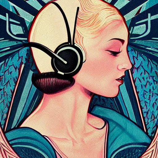 Image similar to intricate, amazing, art deco, retro vintage and romanticism, painting by march hares, soft color palette, highly detailed, godess with headphones from space sci - fi of ancient religion