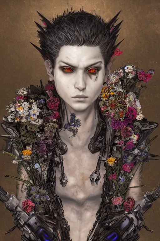 Prompt: portrait of beautiful young gothic man, cyberpunk armor, a lot of scars, more and more flowers, japanese style, warhammer, highly detailed, artstation, illustration, art by gustav klimt