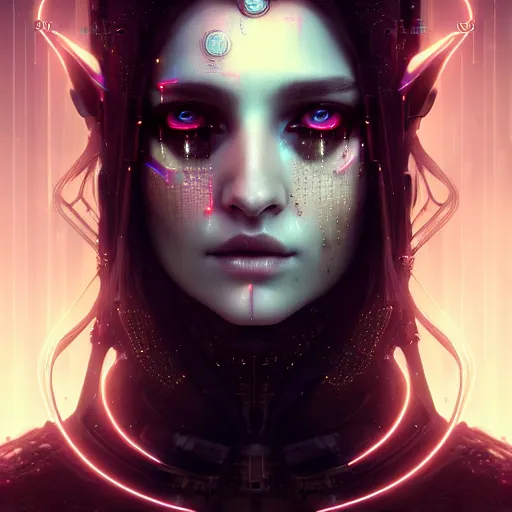 Prompt: cyberpunk robotic dark elvish queen, diadem on the head, cyber implants, black tears, extremely detailed, hyperrealistic, intricate, soft light, fantasy, digital painting, art station, perfect faces, fine details, by wlop