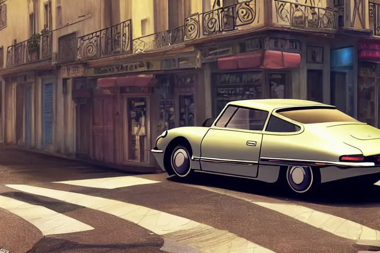 Prompt: a wholesome animation key shot of!! one!! focused!! 1 9 7 4 citroen ds!! in a paris street, medium shot, studio ghibli, ( pixar ) and disney animation, sharp, very detailed, high resolution, rendered in unreal engine 5, anime key art by greg rutkowski, bloom, dramatic lighting