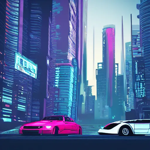 Image similar to cyberpunk landscape, cars, city, synth style