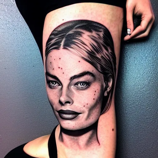 Prompt: realism tattoo design of margot robbie and beautiful mountains mash up, in the style of arlo dicristina, amazing detail, face morph