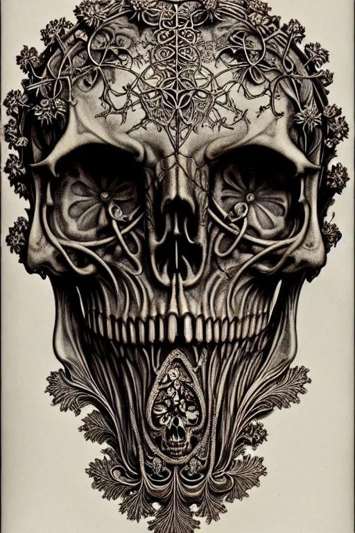 Image similar to art forms of nature by ernst haeckel, memento mori by arthur rackham, ornate antique porcelain beautiful skull mask, ultrasharp, photorealistic, hyperdetailed, octane render, polished, art nouveau, neo - gothic, gothic, intricate ornamental organic filigree, art nouveau botanicals, art forms of nature by ernst haeckel, horizontal symmetry, symbolist, visionary