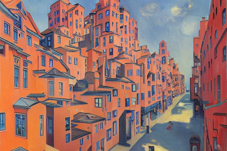 Image similar to unique shops, apartment towers, and cute townhouses along a city street, oil painting by edvard munch, mc escher, stanislaw beksinski, makoto shinkai, jim woodring, aldemir martins, nicholas roerich