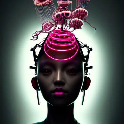 Image similar to portrait of an absurdly beautiful, graceful, sophisticated, fashionable asian cyberpunk mechanoid gravure idol, hyperdetailed illustration by irakli nadar, adut akech, matt wisniewski style, intricate linework, dark black porcelain skin, jellyfish headdress, unreal engine 5 highly rendered, global illumination, neon red light, detailed and intricate environment