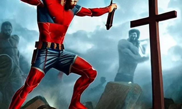 Image similar to jesus christ fighting alongside the avengers, using his cross as weapon, photorealistic, cinematic lighting, extremely detailed, marvel cinematic universe