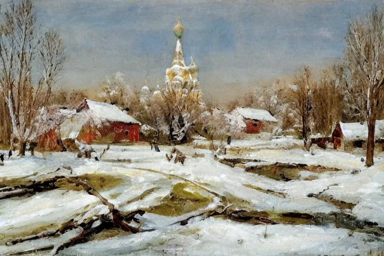 Image similar to russian village in spring with snow and mud, in style of Savrasov,