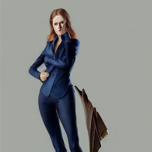 Image similar to full figure ultra realistic illustration, evan rachel wood wearing a futuristic navy blue pantsuit, brown straight hair, western setting, intricate, elegant, highly detailed, digital painting, artstation, concept art, smooth, sharp focus, illustration, art by artgerm and greg rutkowski and alphonse mucha