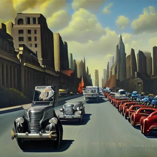 Image similar to a beautiful surrealist painting depicting being stuck in traffic. oil on canvas, 1 9 4 0. trending, high quality, high resolution, detailed