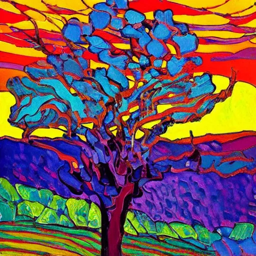 Image similar to a painting of a tree in the sunset, a gouache by Erin Hanson, deviantart, neo-fauvism, fauvism, impressionism, vivid colors