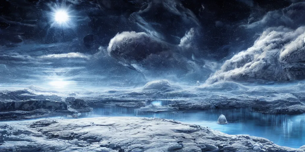 Prompt: view of an icy cold planet with propane lakes,concept art, digital painting, still, highly detailed, intricate details, landscape