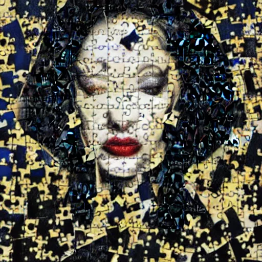 Prompt: A surreal painting of puzzle of a portrait of a beautiful woman with scattered puzzle pieces by Salvador Dali, dark vibes, high contrast