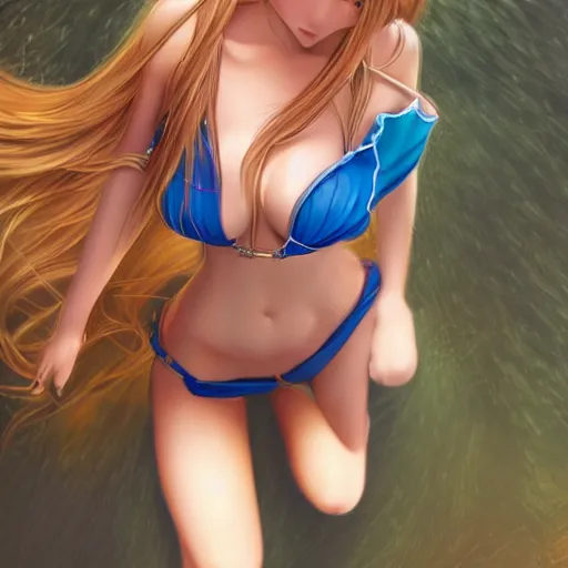 Prompt: seen from above : a giant macro very beautiful young yuuki asuna, full body, long wavy blond hair, sky blue eyes, full round face, bikini, miniskirt, laying on a miniature city, cinematic wallpaper by stanley artgerm lau