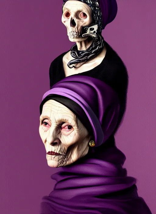 Prompt: portrait of a old year woman with a headscarf a dress of bones and piony snake smoke, purple colour scheme, full length, masterpiece, dark background, art by caravaggio, artstation