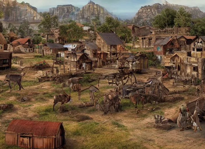 Prompt: realistic photo of a town, settlement, buildings, detailed scenery, caveman time period