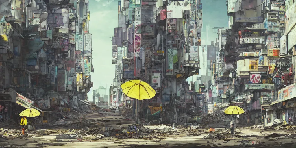 Image similar to a giant robot invasion side view, yellow parasol in deserted dusty shinjuku junk town, incredible wide screenshot, ultrawide, simple watercolor, rough paper texture, ghost in the shell movie scene, broken vending machines, bold graphic graffiti, old pawn shop, bright sun bleached ground, mud, fog, dust, windy, scary robot monster lurks in the background, ghost mask, teeth, animatronic, black smoke, pale beige sky, junk tv, texture, brown mud, dust, tangled overhead wires, telephone pole, dusty, dry, pencil marks, genius party, shinjuku, koji morimoto, katsuya terada, masamune shirow, tatsuyuki tanaka hd, 4k, remaster, dynamic camera angle, deep 3 point perspective, fish eye, dynamic scene